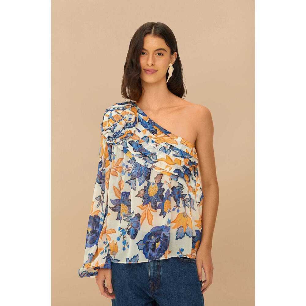 Off-White Summer Flowers 3D Rose One-Shoulder Blouse
